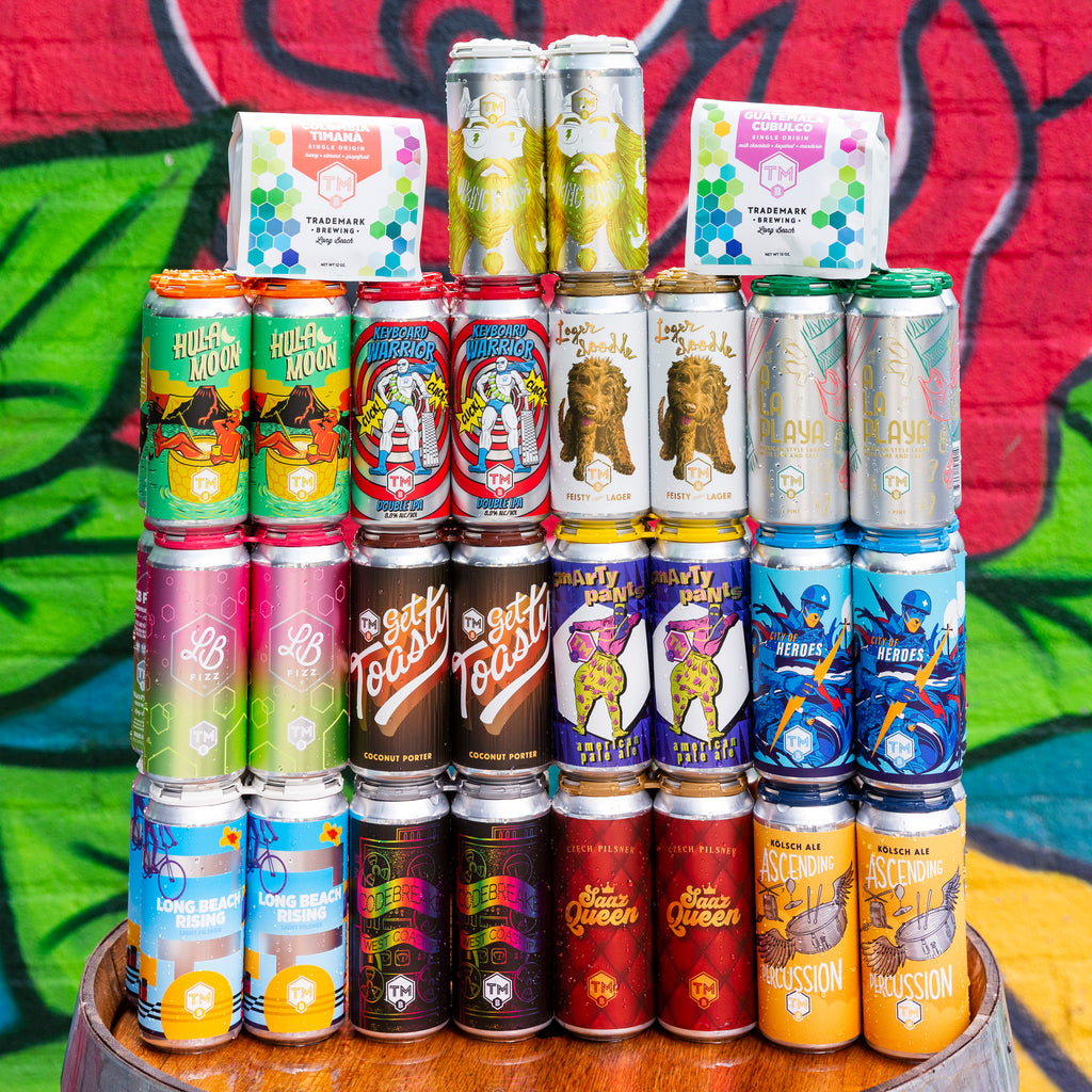 sample display of trademark brewing canned beer and coffee