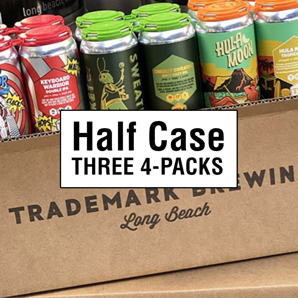 Photo of various 4-packs of beer with text advertising hald-case purhase (three 4-packs)
